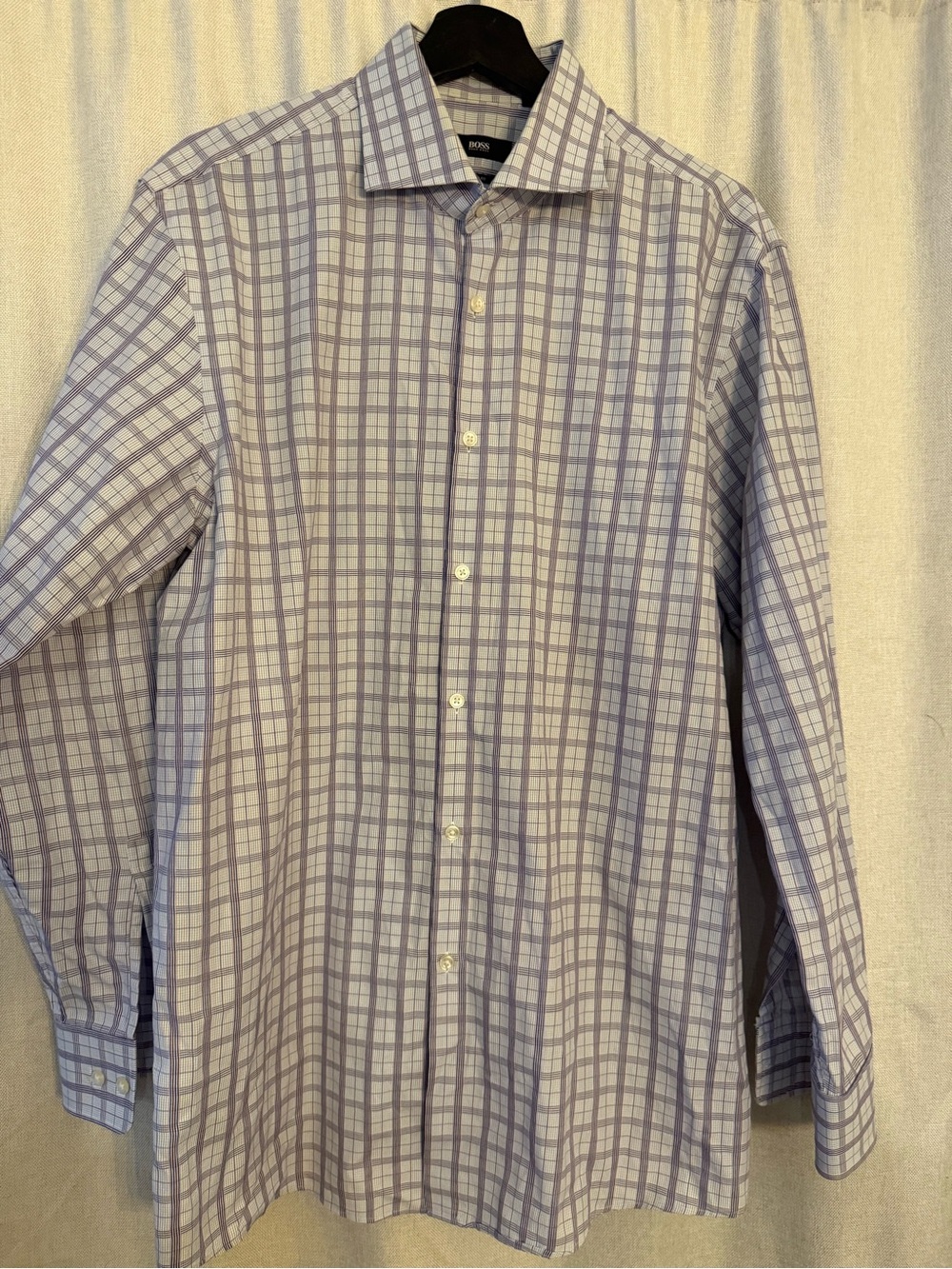 Hugo Boss Sharp Fit Dress Shirt 17 34/35 Purple Plaid Check Button Front Men